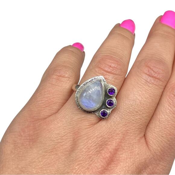 Rainbow Moonstone & Amethyst Ring Size 9 Solid 925 Sterling Silver - Picture 3 of 6